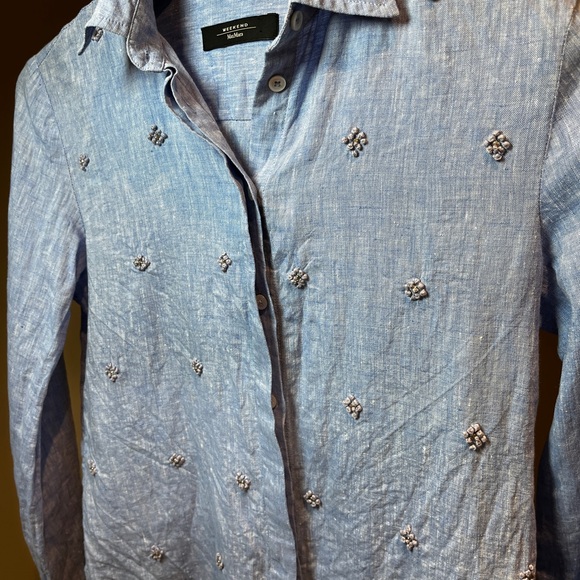Weekend Max Mara Light Blue Embroidered Linen Button-Down Shirt - Picture 4 of 8